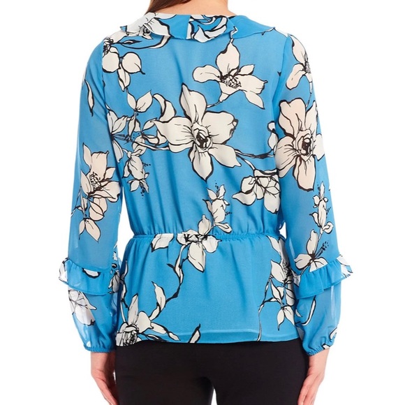 Calvin Klein Floral Print Chiffon Ruffle Trim V-Neck Long Sheer Sleeve Top, - Picture 10 of 11